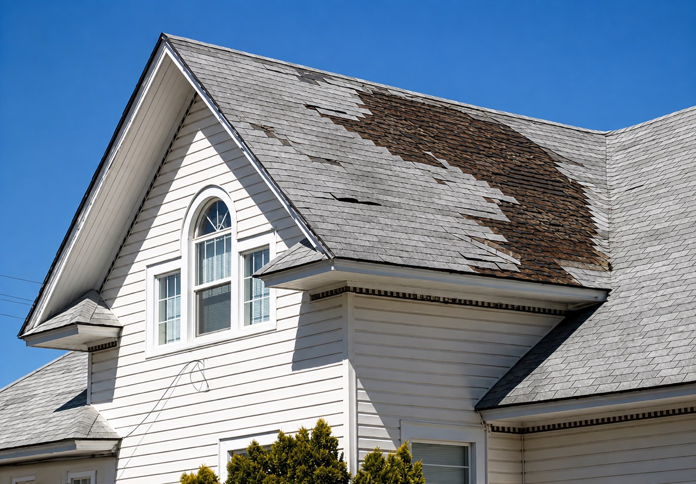 Storm-damaged roof before repair